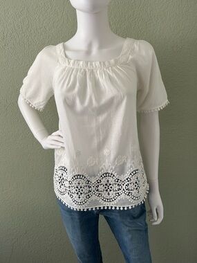 LOFT Light Cream Embroidered Square Neck Peasant Top